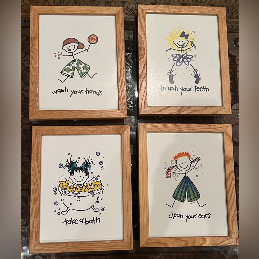 Set of 4 Wood Framed 8x10 Kids Bathroom Art Prints
